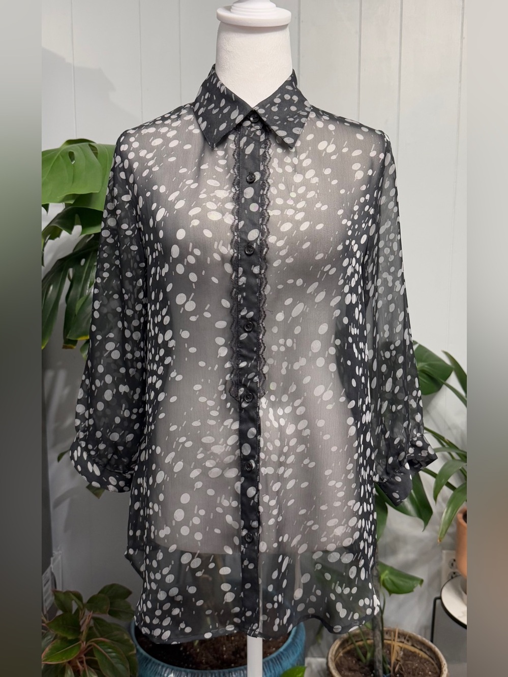 #17)  Black & White Sheer Button-Down Blouse